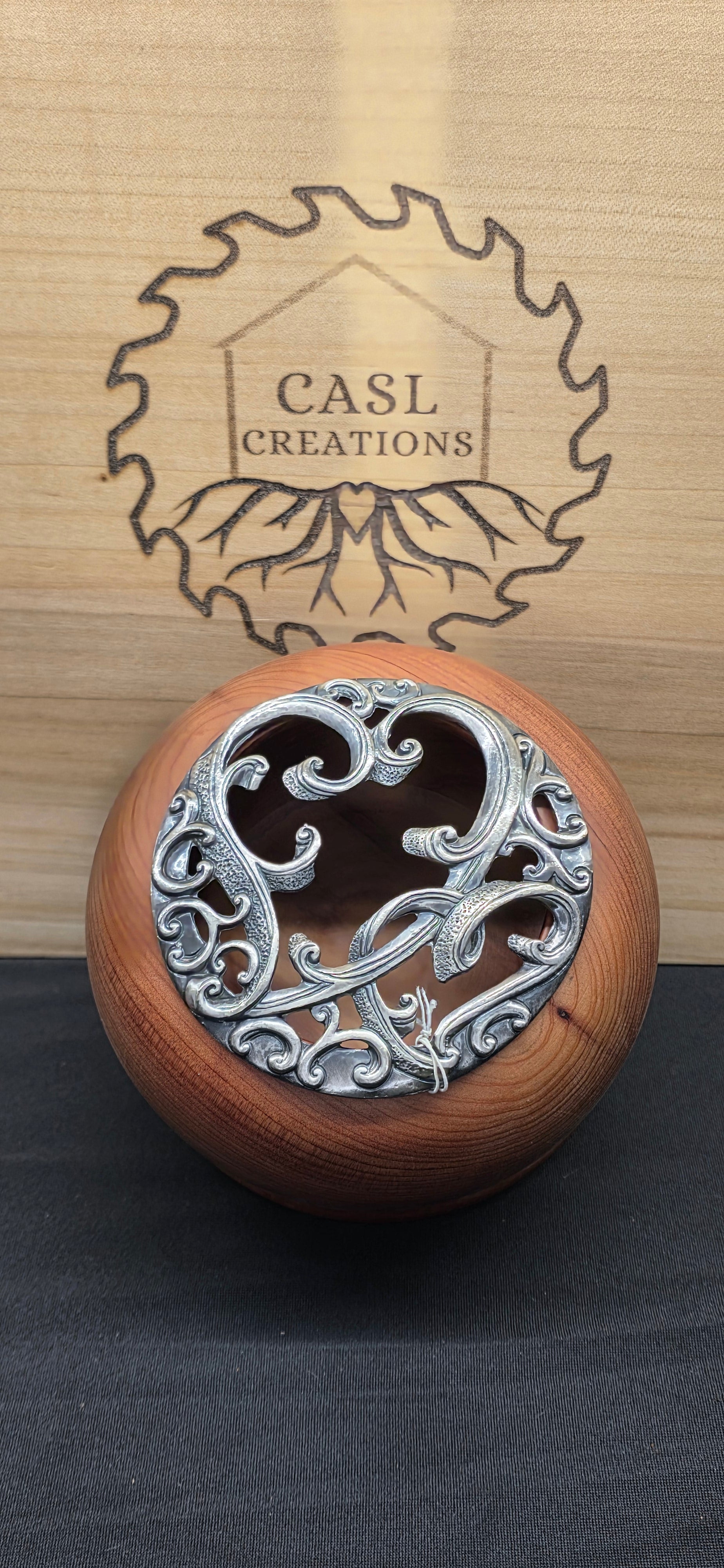 Hand turned Juniper bowl with Heart filigree