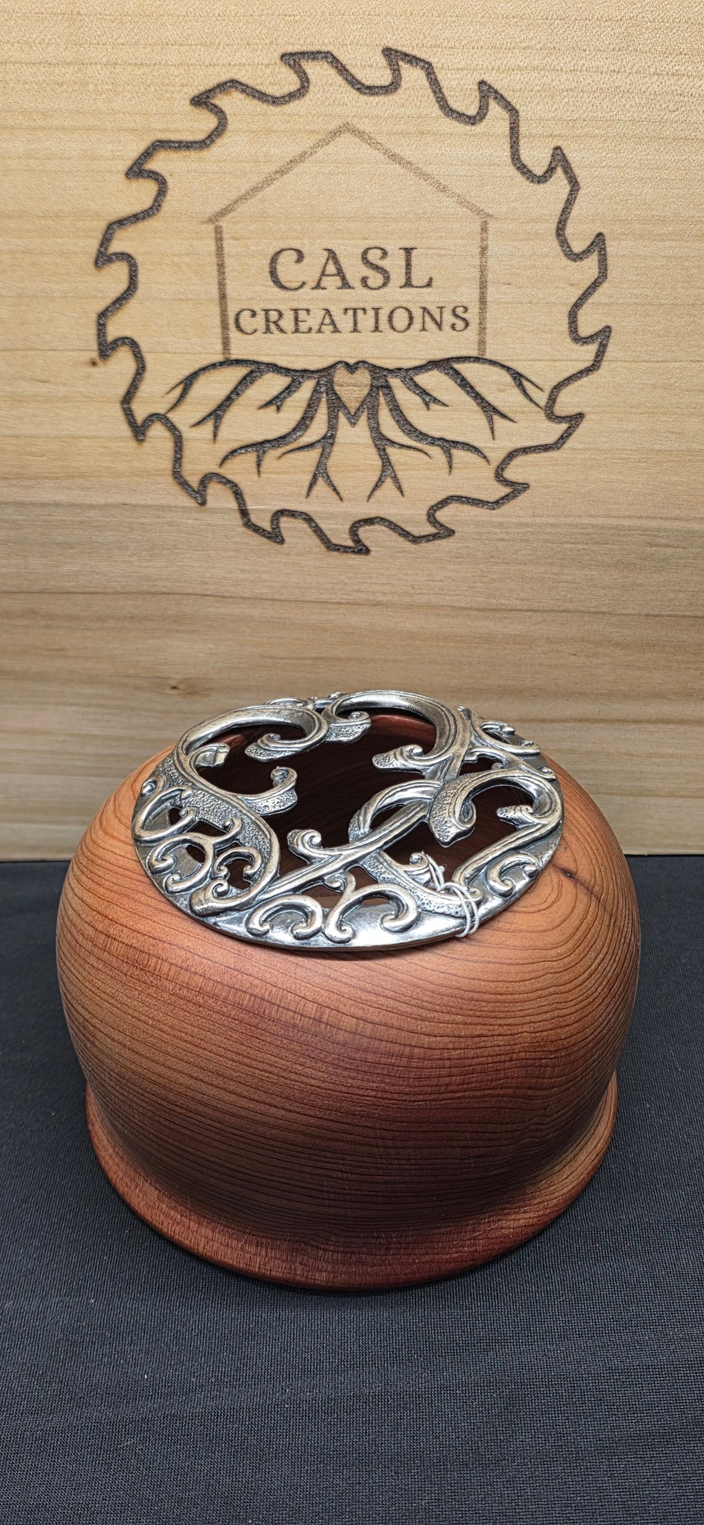 Hand turned Juniper bowl with Heart filigree