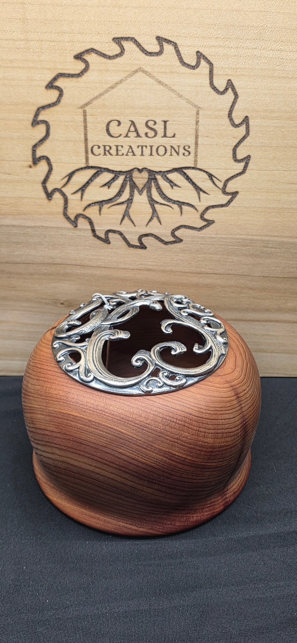 Hand turned Juniper bowl with Heart filigree
