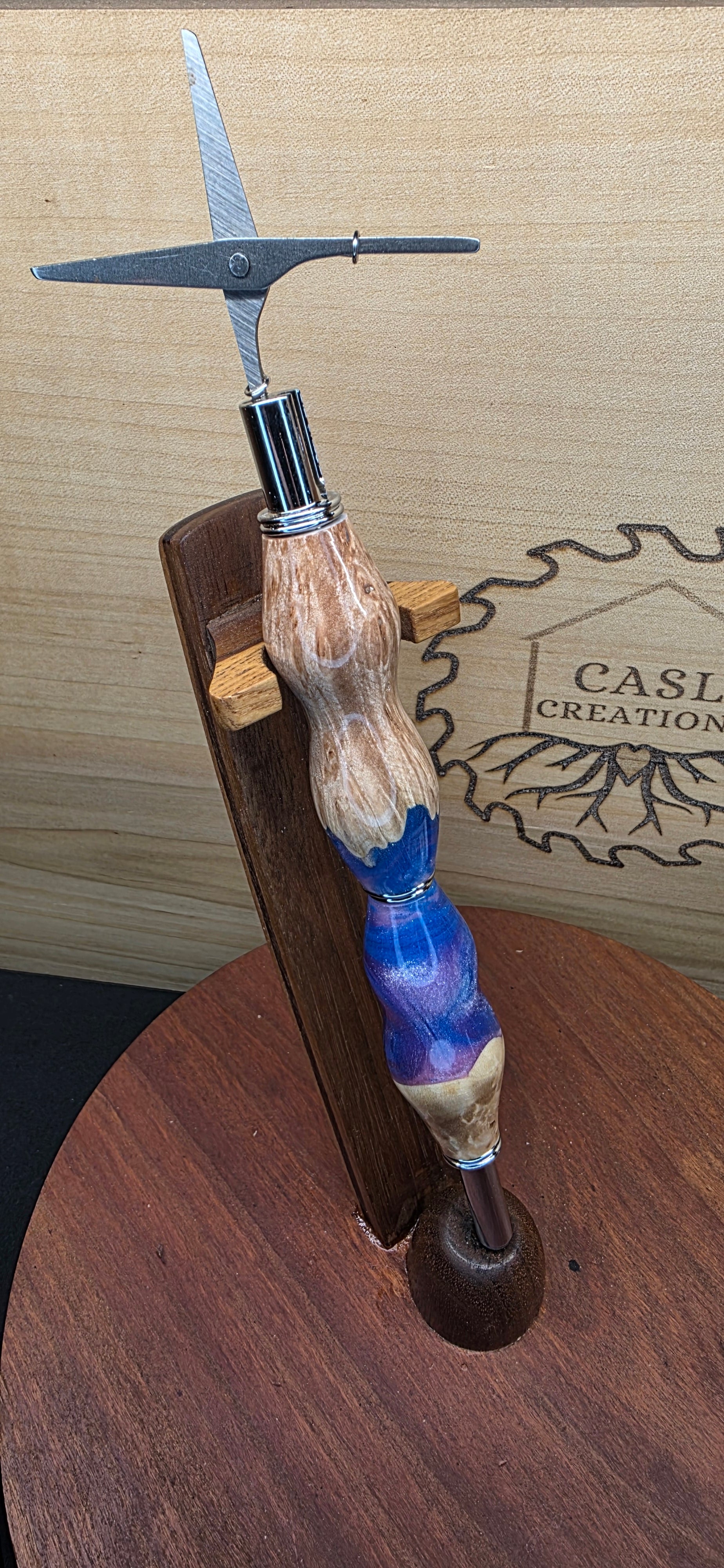 Seam Ripper/Scissor combo maple burl & blue and purple swirl hybrid