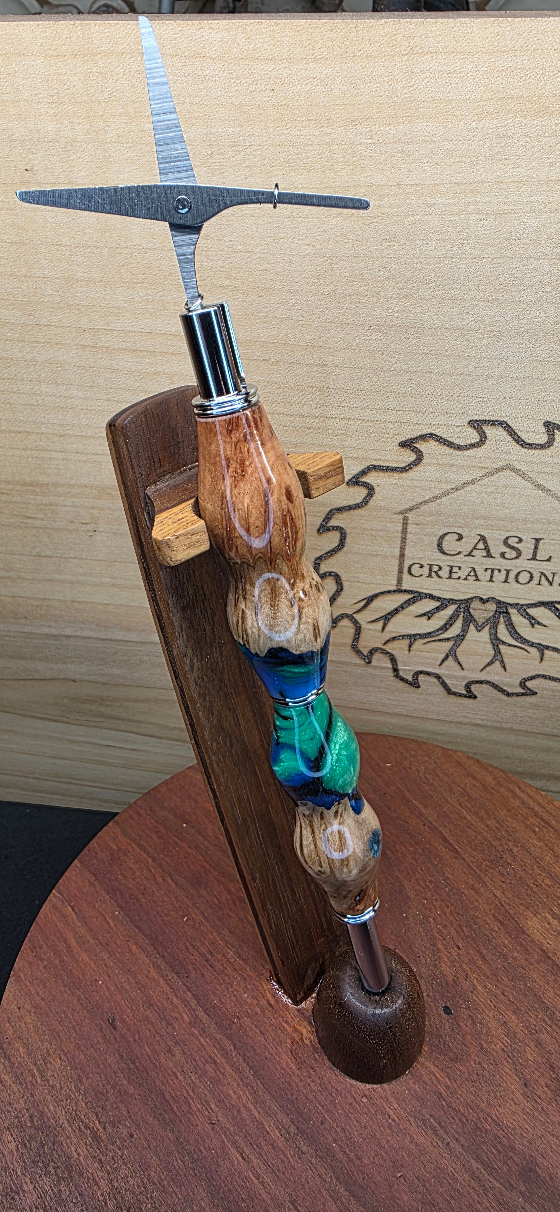 Seam Ripper Scissor combo Brown mallee burl & blue  , black and green swirl hybrid