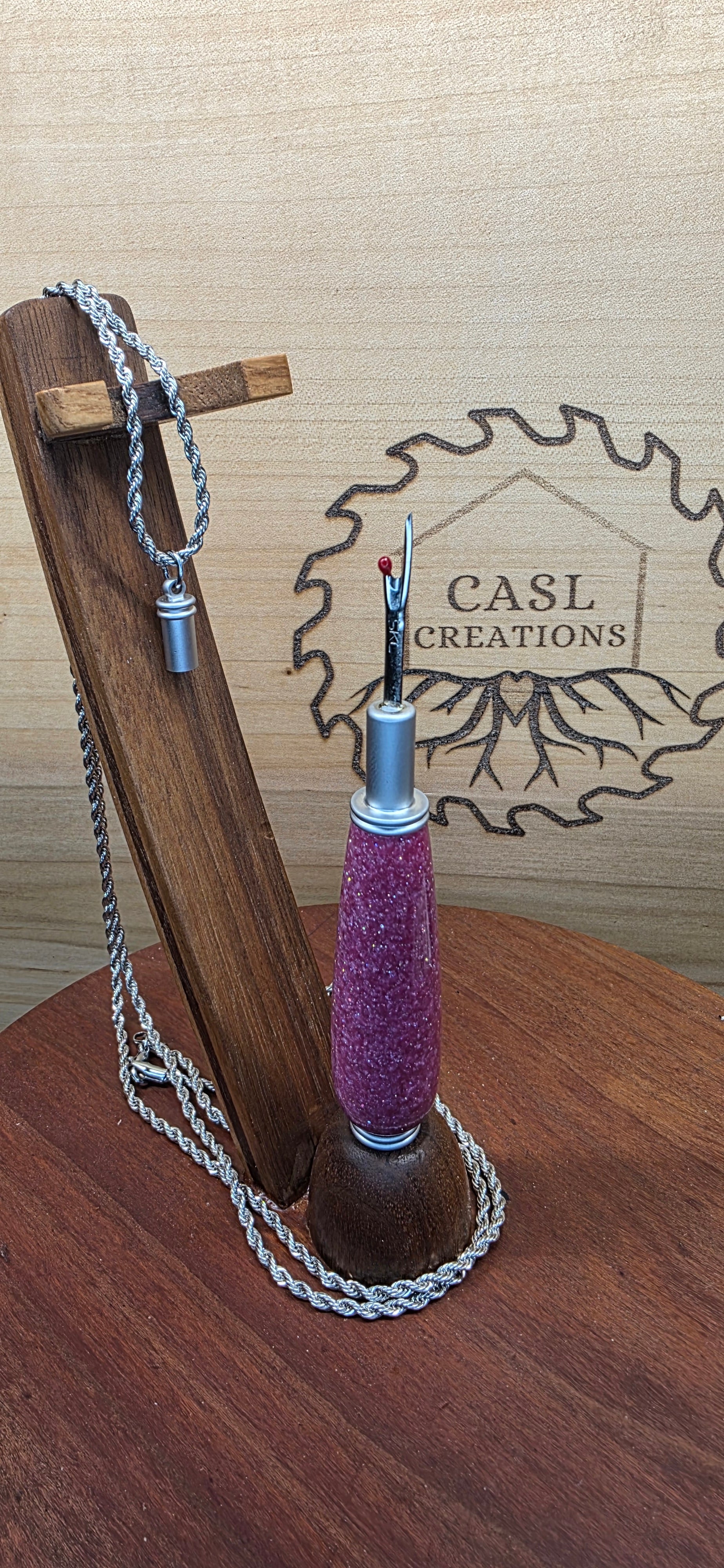 Seam Ripper Necklace in purple cosmic glitter