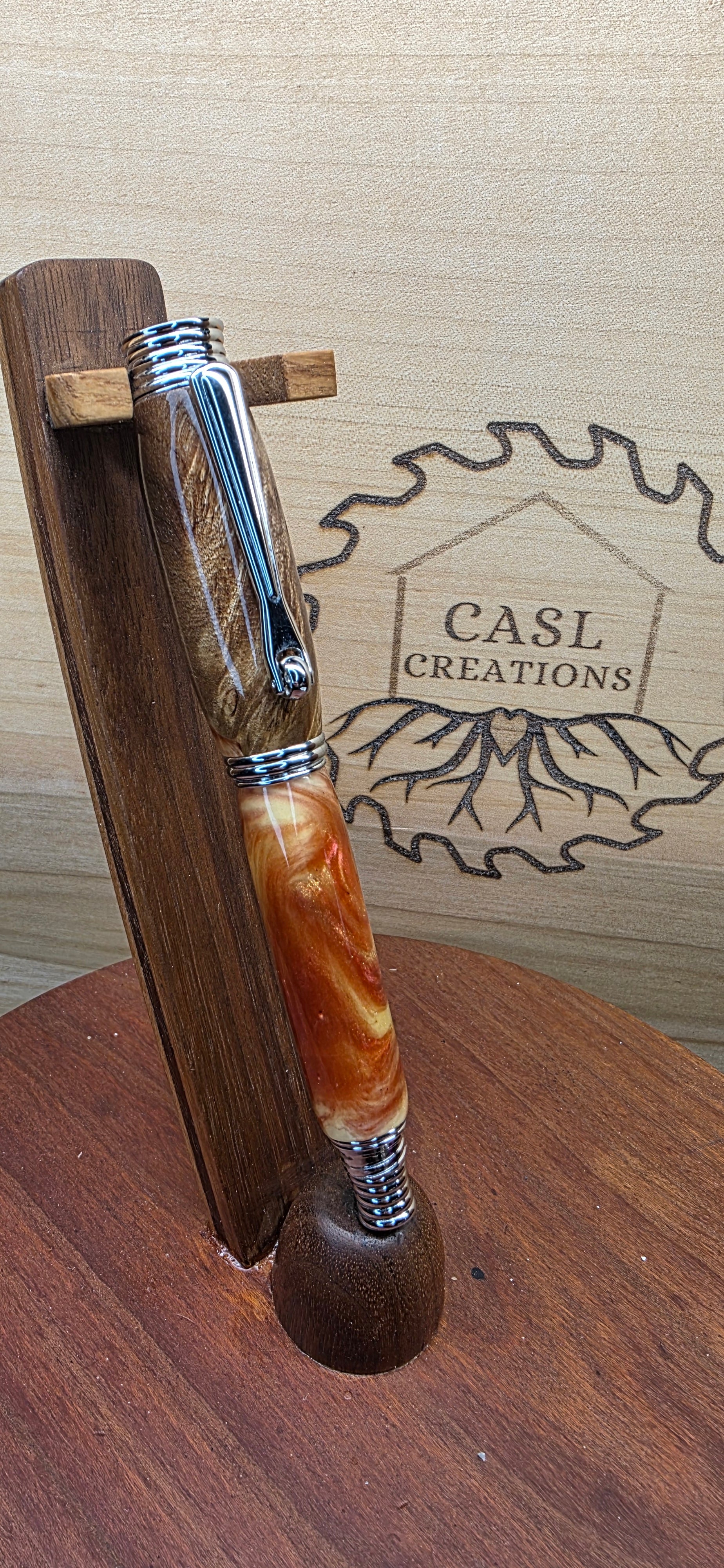 Chrome Jr. Morgan in Brown mallee burl orange and yellow shimmer alumilite