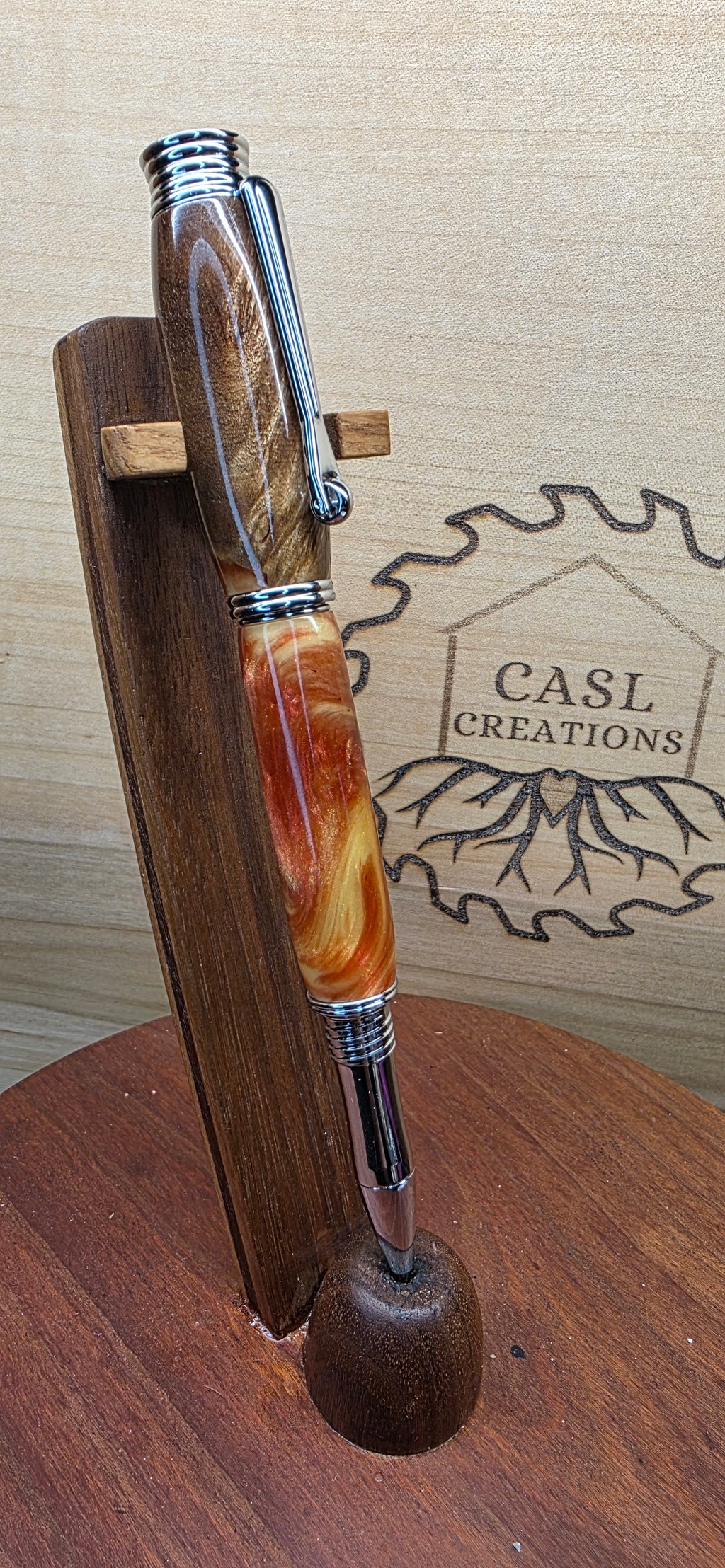 Chrome Jr. Morgan in Brown mallee burl orange and yellow shimmer alumilite
