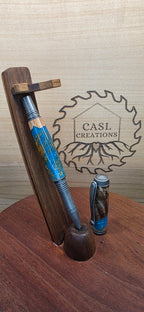 Antique pewter Jr. George in brown mallee burl & blue and gold alumilite resin