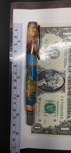Antique pewter Jr. George in brown mallee burl & blue and gold alumilite resin