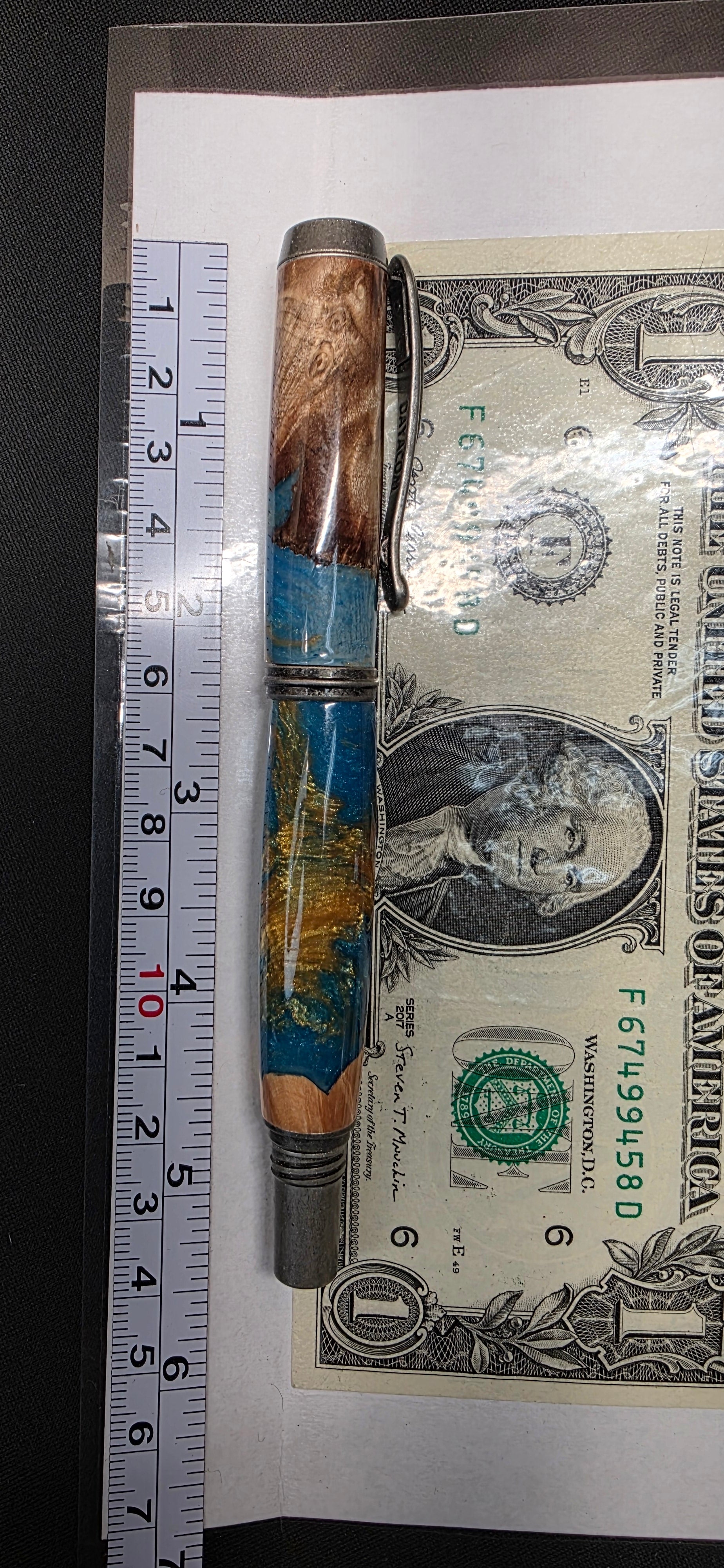 Antique pewter Jr. George in brown mallee burl & blue and gold alumilite resin