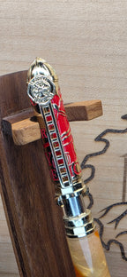 Polished Brass and Red Firefighter "Push and Lock" in red dyed maple and orange and yellow shimmering alumilite resin