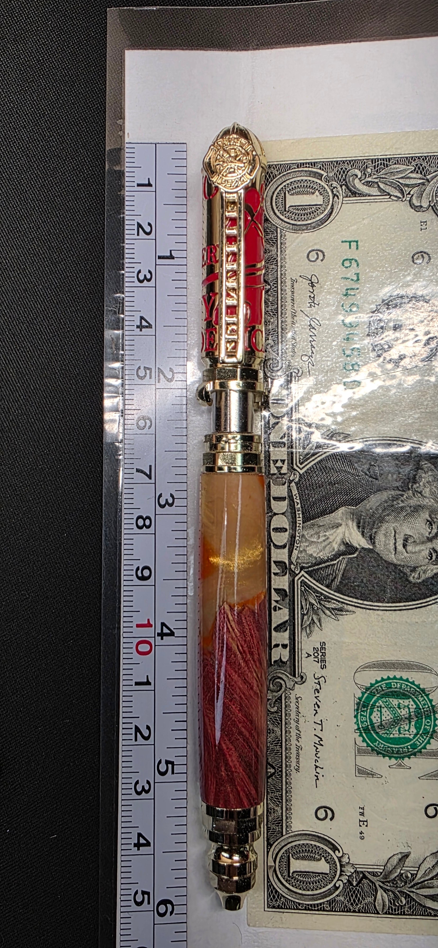 Polished Brass and Red Firefighter "Push and Lock" in red dyed maple and orange and yellow shimmering alumilite resin